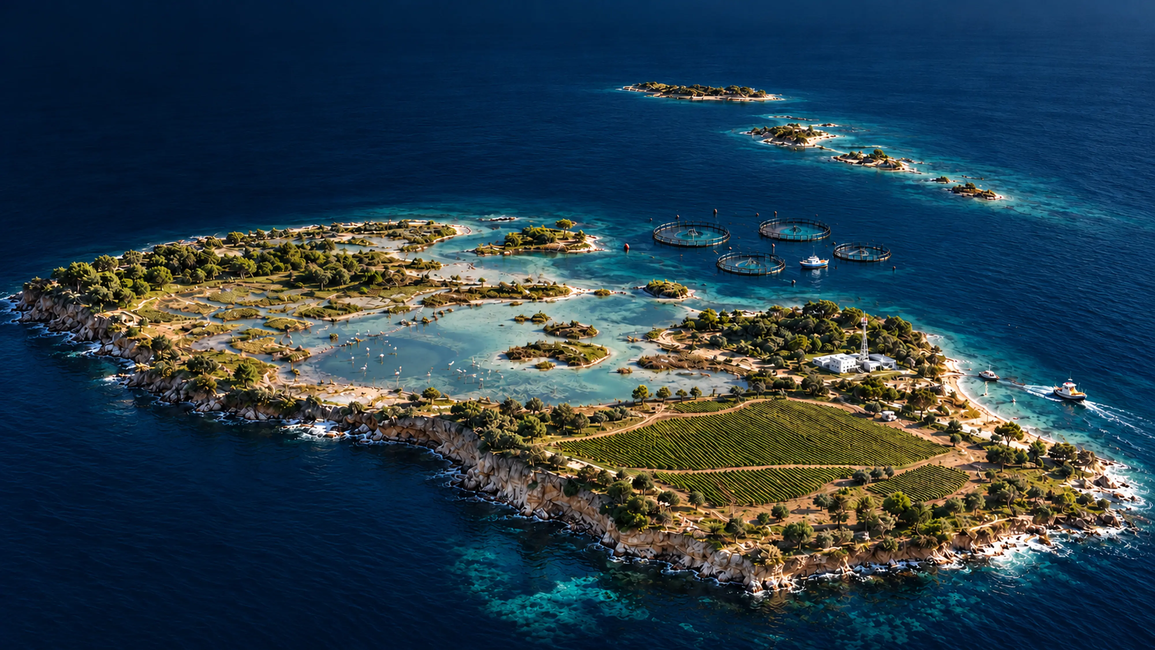 Illustration d’un littoral méditerranéen : lagune, élevages en mer, station de recherche, vignes et éoliennes en mer.